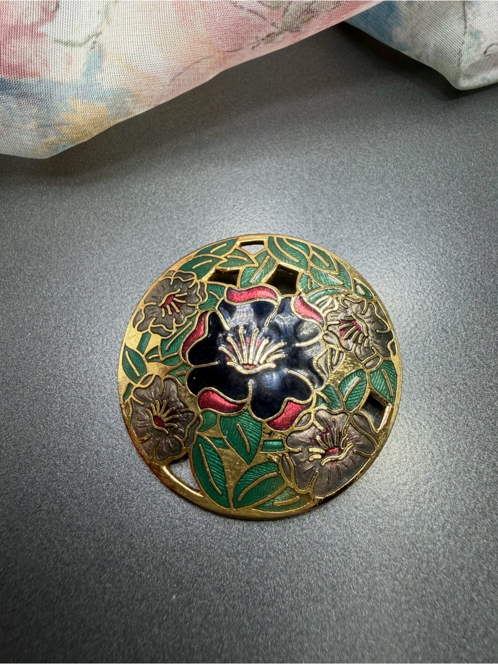 Floral Cloisonné Round Brooch with Black & Green Enamel #154clo